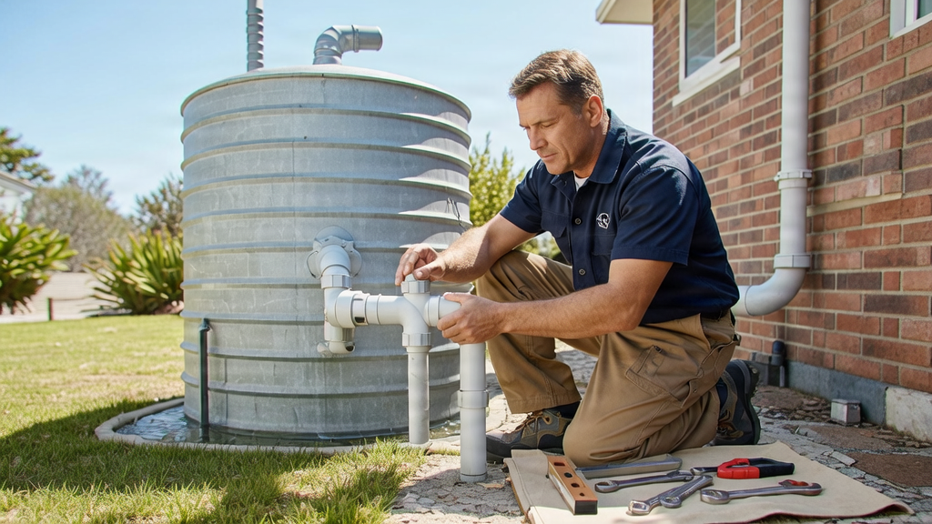 Licensed plumber connecting pipework to a poly rainwater tank