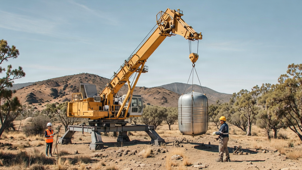 Crane lifting a large rainwater tank onto a challenging rural property