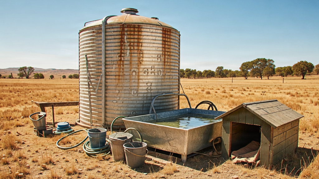 Australian farm with a large water tank, horse trough and dog kennel in a sunny paddock